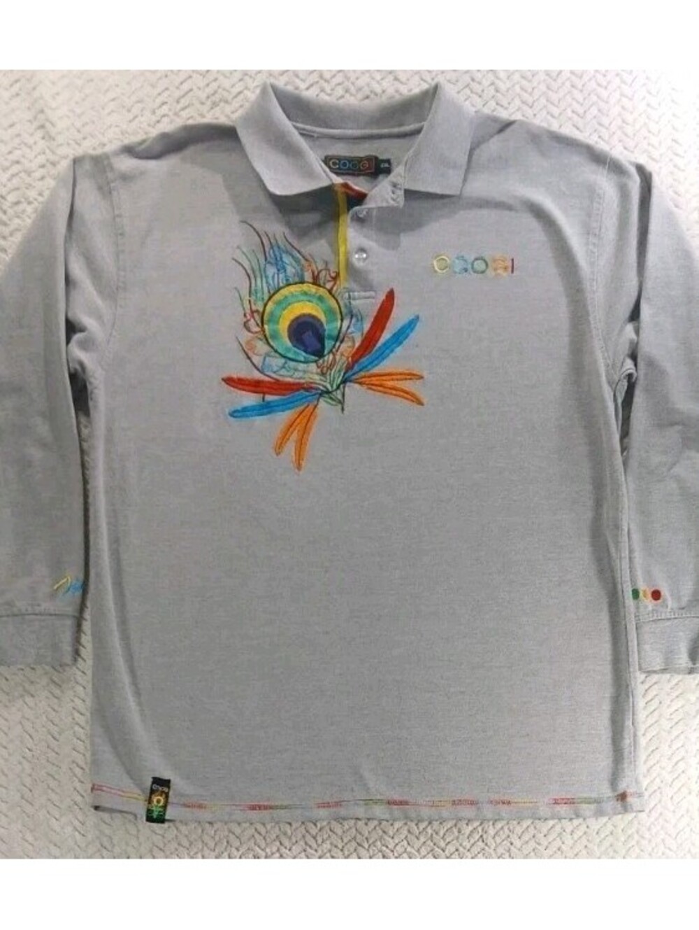 Coogi - XL - VINTAGE - Long Sleeve Gray Polo Double Sided Embroidered Peacock